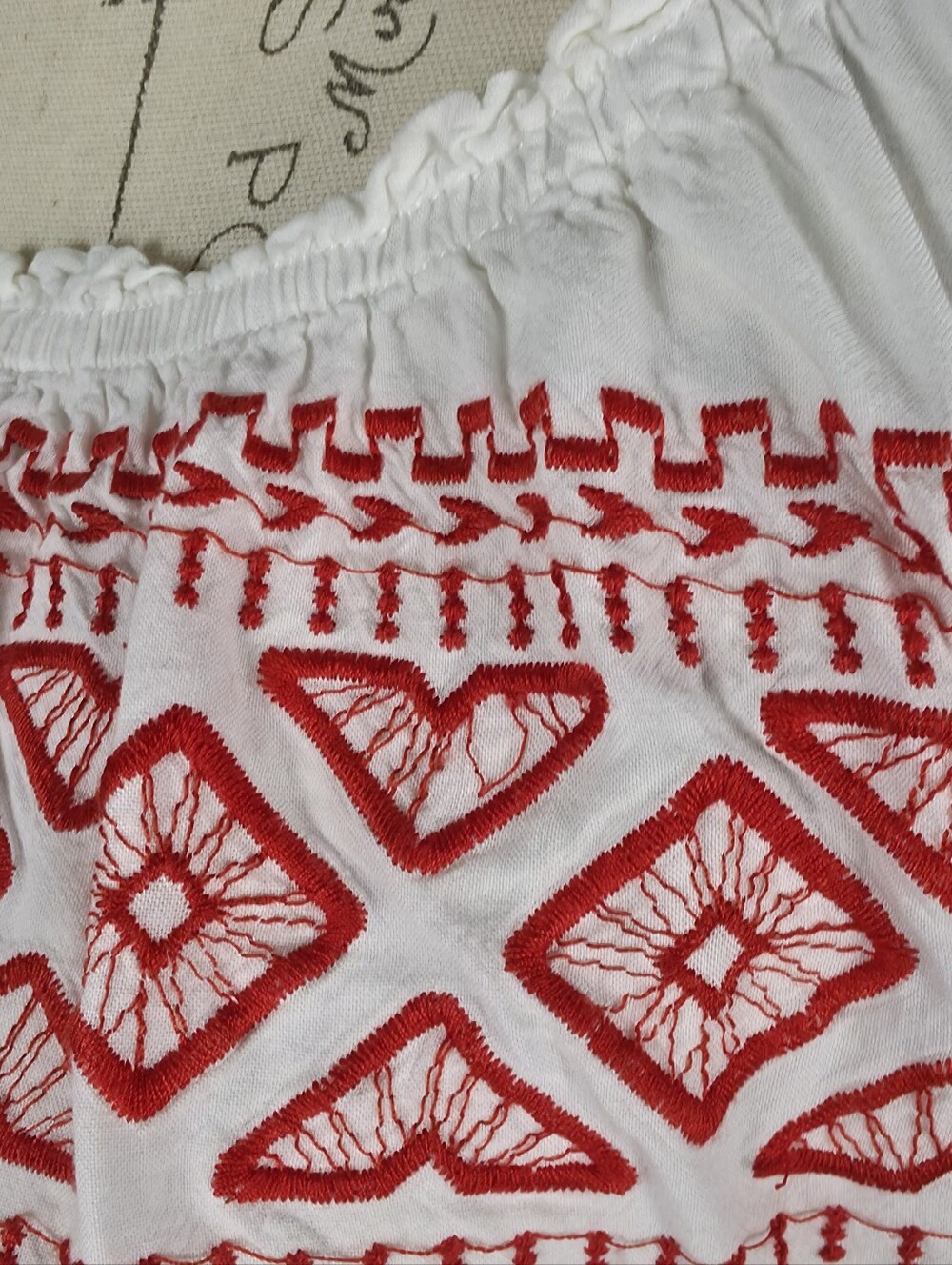 Boho Red Embroidered Crop Top White Short Puff Sleeve Peasant Blouse - Picture 2 of 4